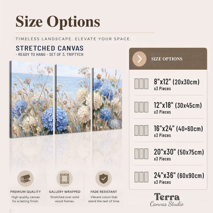 Blue hydrangeas and delicate ivory wildflowers beneath a pale blue sky 3 piece canvas wall art available dimensions; triptych dimensions are per panel