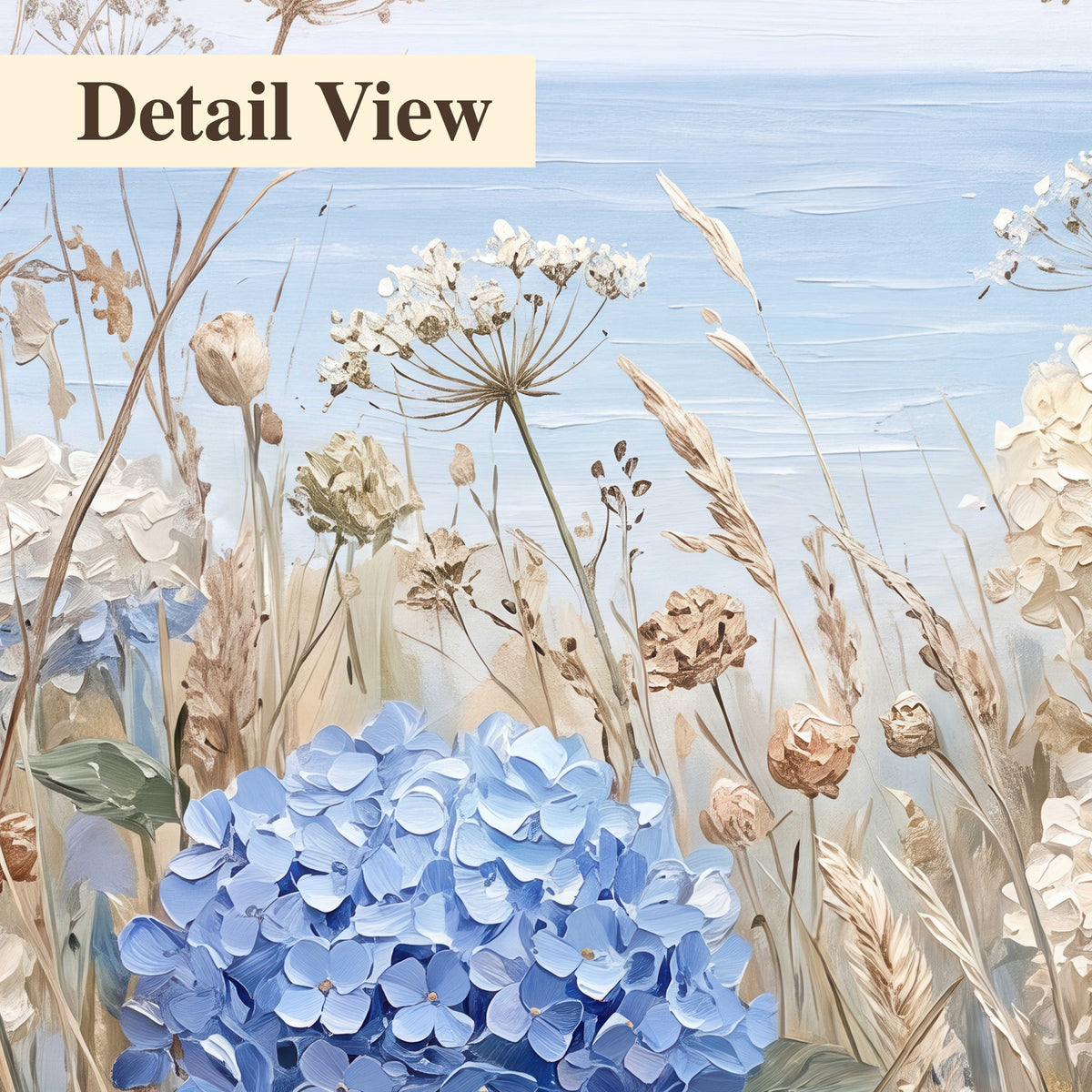 Blue hydrangeas and delicate ivory wildflowers beneath a pale blue sky 3 piece canvas wall art artwork detail close up