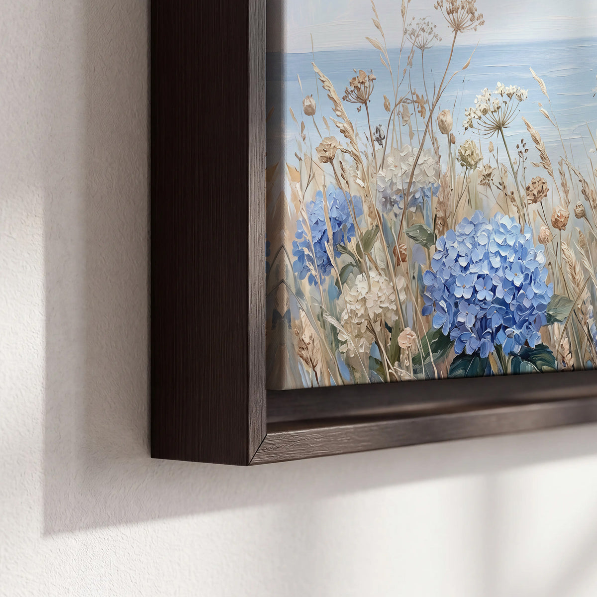 Blue hydrangeas and delicate ivory wildflowers beneath a pale blue sky 3 piece framed canvas wall art material and edge close up