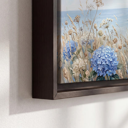 Blue hydrangeas and delicate ivory wildflowers beneath a pale blue sky 3 piece framed canvas wall art material and edge close up