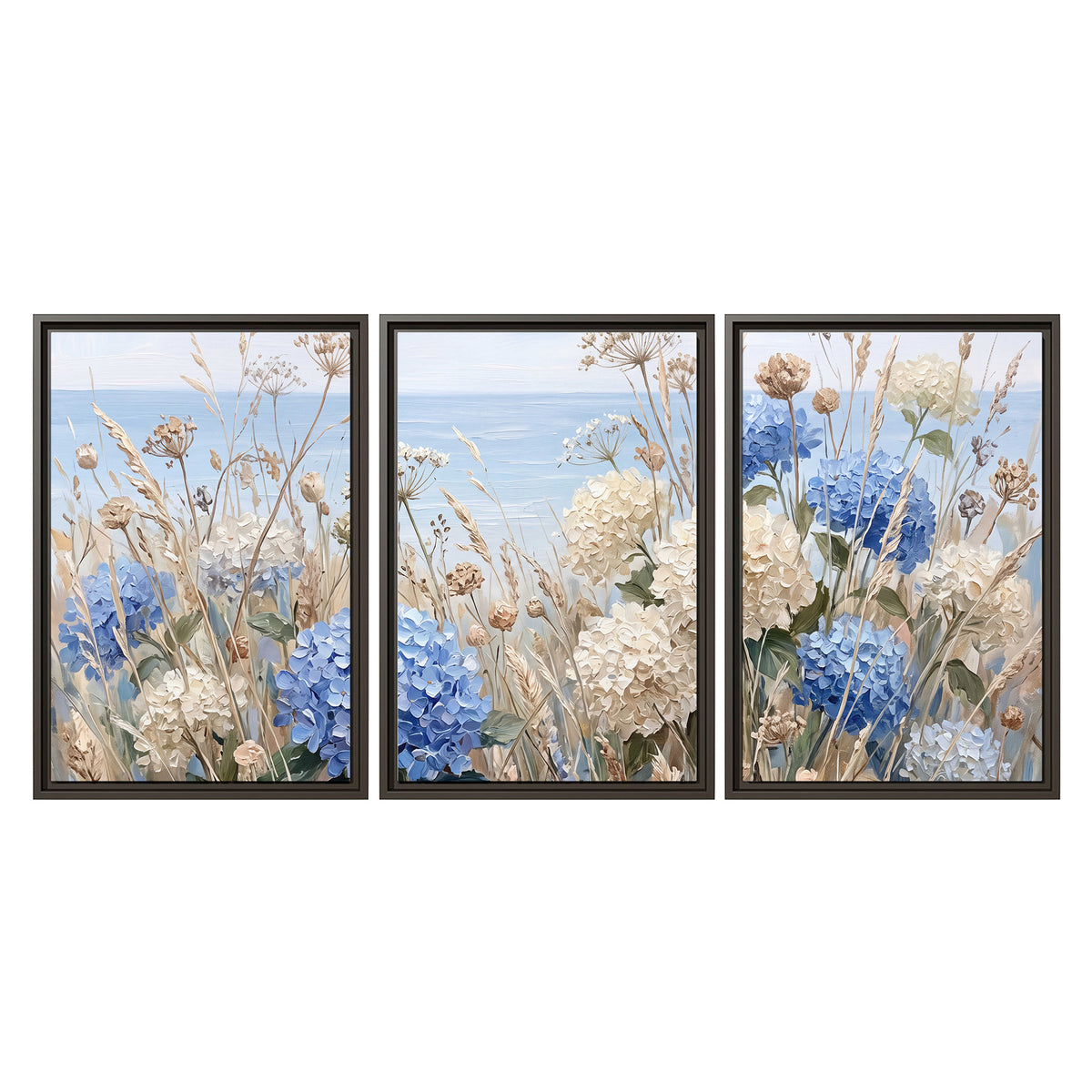 Blue hydrangeas and delicate ivory wildflowers beneath a pale blue sky 3 piece framed canvas wall art viewed straight on