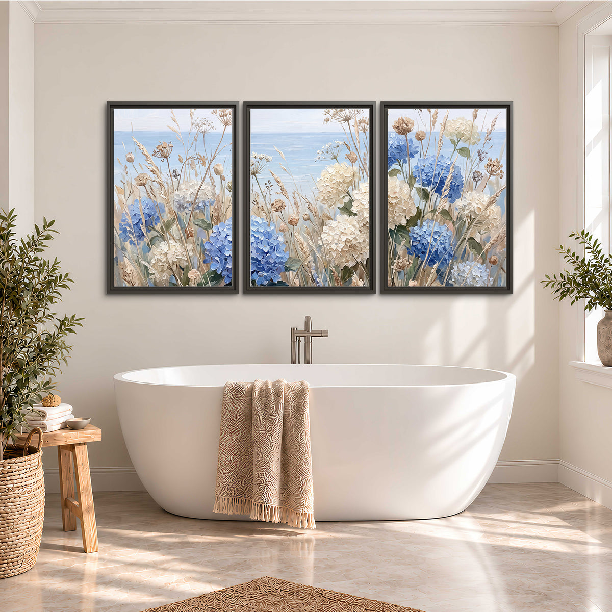 Blue hydrangeas and delicate ivory wildflowers beneath a pale blue sky 3 piece framed canvas wall art styled in an interior