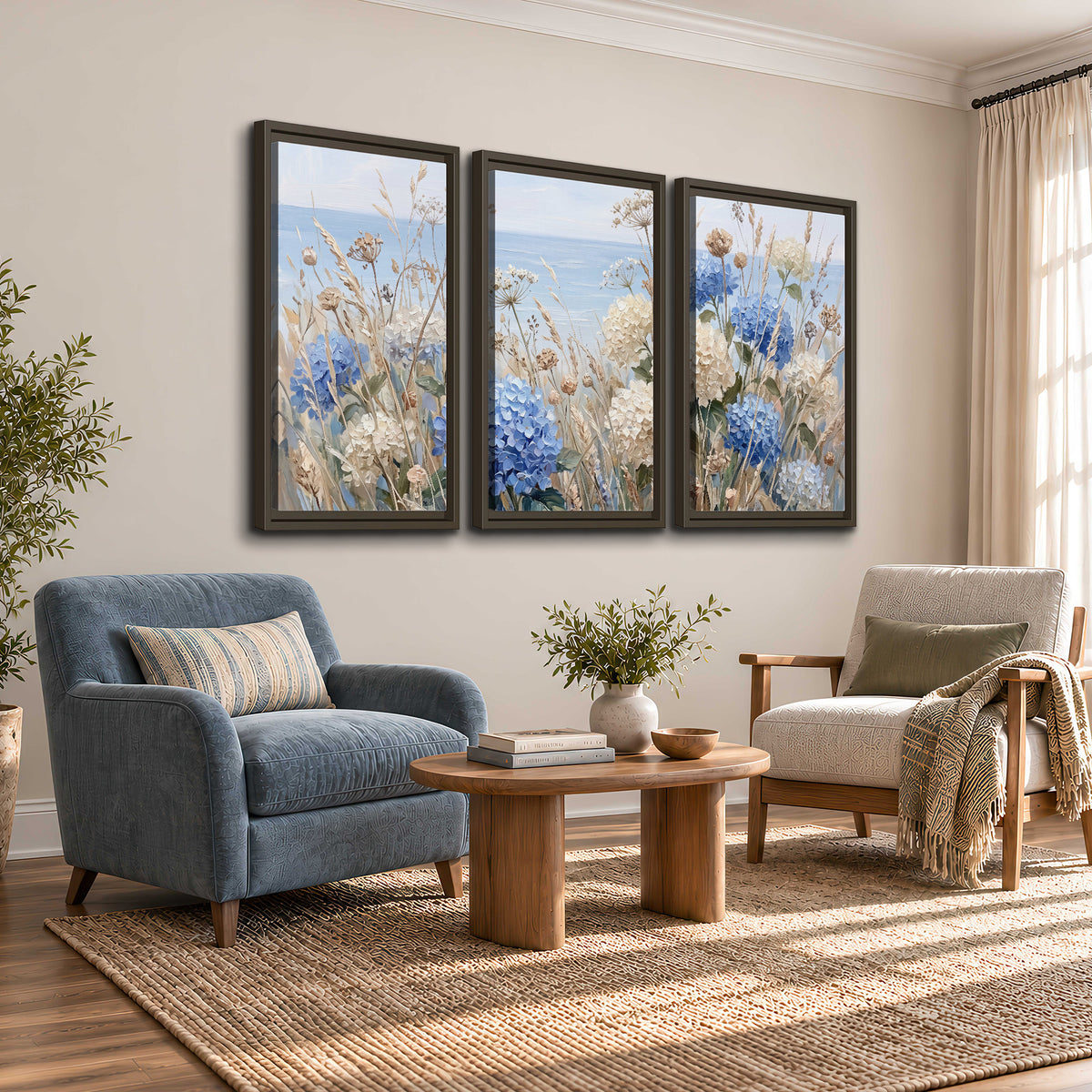 Blue hydrangeas and delicate ivory wildflowers beneath a pale blue sky 3 piece framed canvas wall art styled in an interior