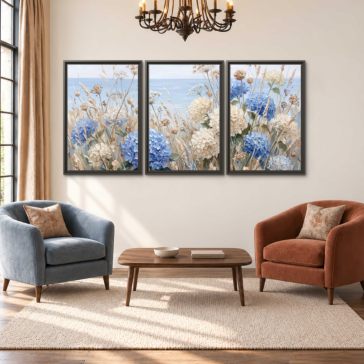 Blue hydrangeas and delicate ivory wildflowers beneath a pale blue sky 3 piece framed canvas wall art styled in an interior