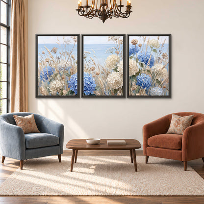 Blue hydrangeas and delicate ivory wildflowers beneath a pale blue sky 3 piece framed canvas wall art styled in an interior
