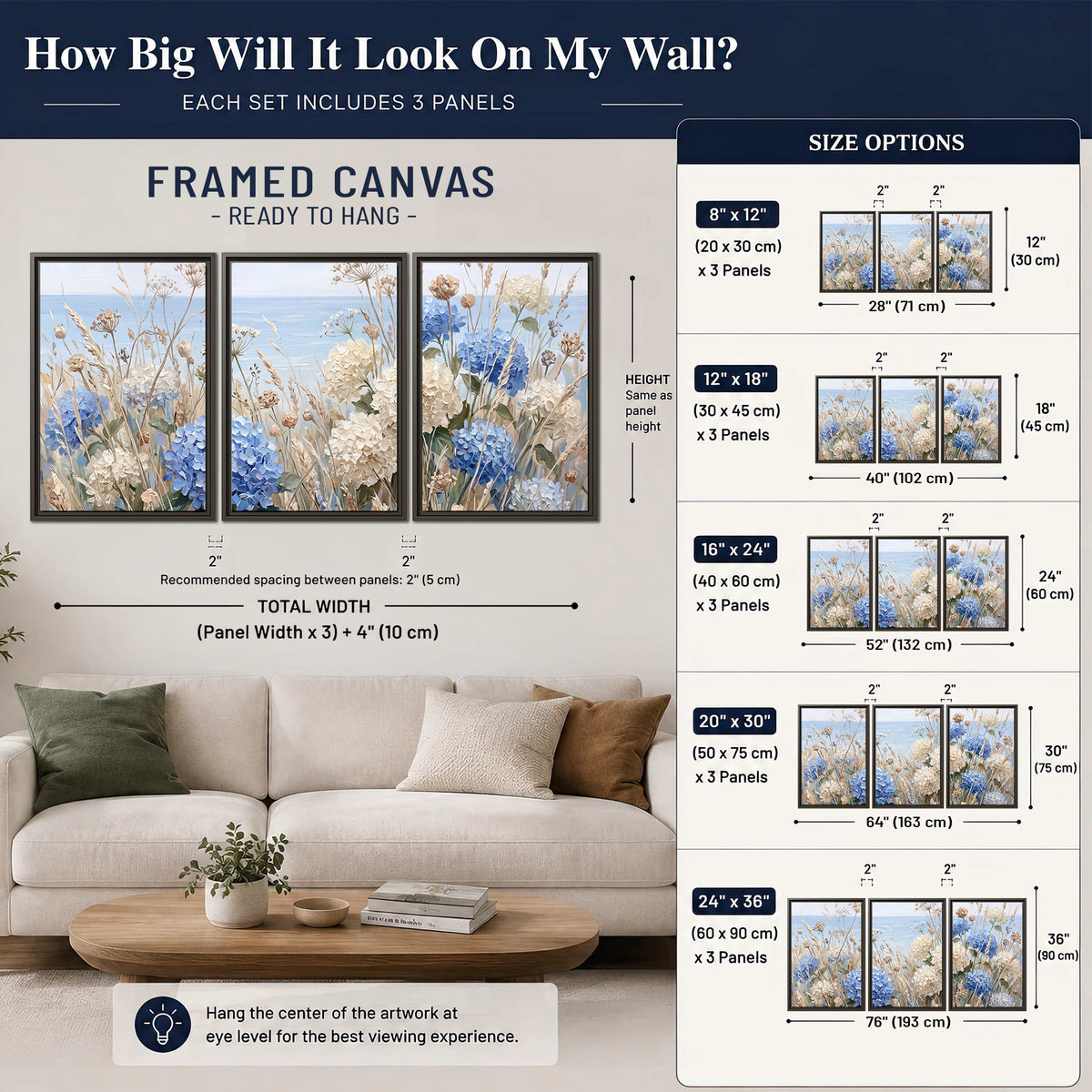 Blue hydrangeas and delicate ivory wildflowers beneath a pale blue sky 3 piece framed canvas wall art size guide above a sofa; room view is illustrative