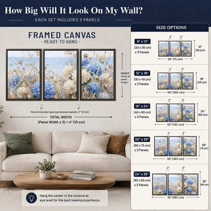 Blue hydrangeas and delicate ivory wildflowers beneath a pale blue sky 3 piece framed canvas wall art size guide above a sofa; room view is illustrative