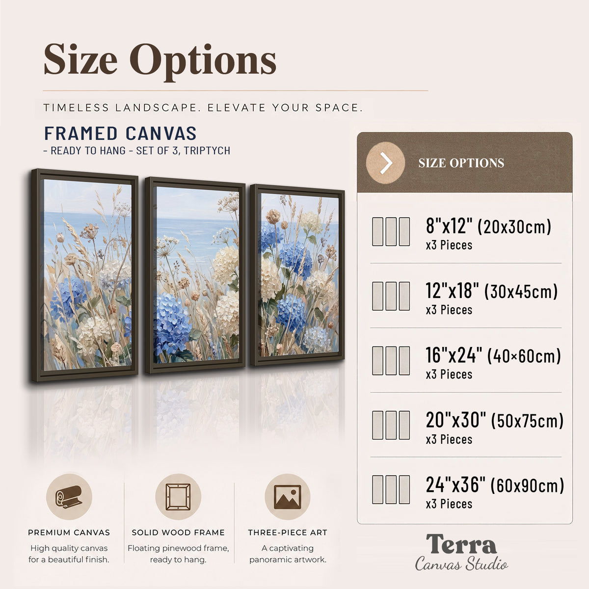 Blue hydrangeas and delicate ivory wildflowers beneath a pale blue sky 3 piece framed canvas wall art available dimensions; triptych dimensions are per panel