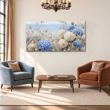 Blue hydrangeas and delicate ivory wildflowers beneath a pale blue sky single canvas wall art styled in an interior