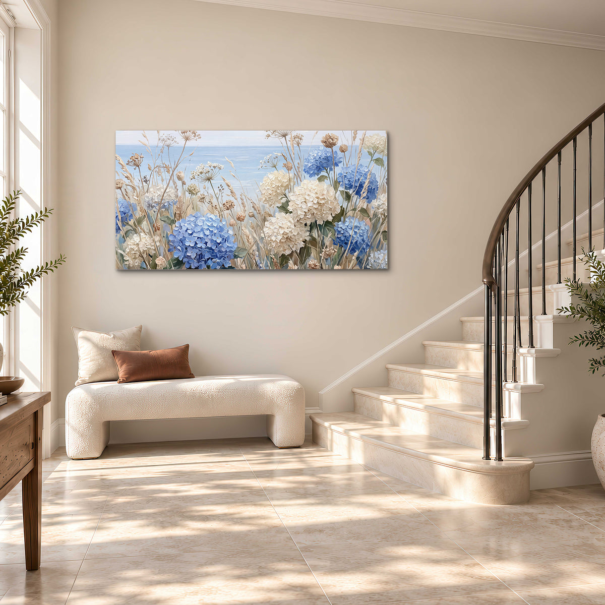 Blue hydrangeas and delicate ivory wildflowers beneath a pale blue sky single canvas wall art styled in an interior