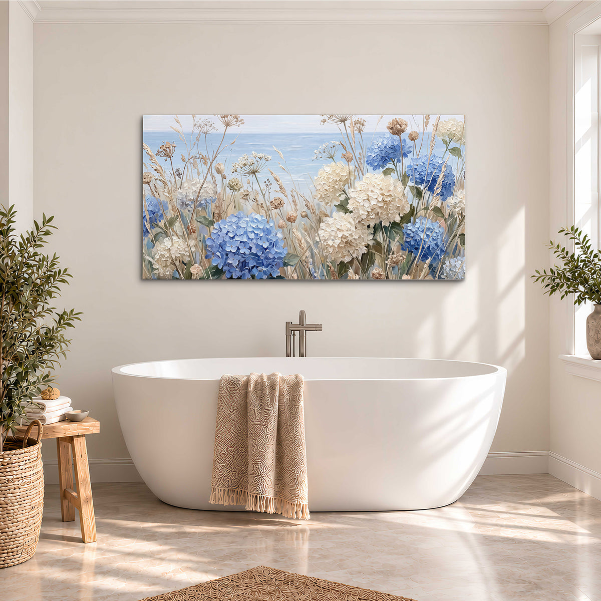 Blue hydrangeas and delicate ivory wildflowers beneath a pale blue sky single canvas wall art styled in an interior