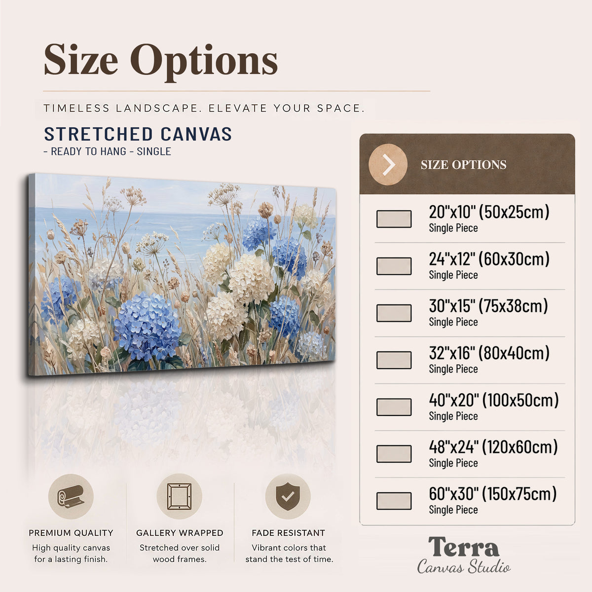 Blue hydrangeas and delicate ivory wildflowers beneath a pale blue sky single canvas wall art available dimensions