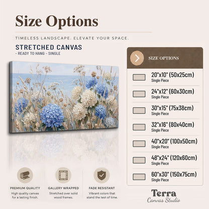 Blue hydrangeas and delicate ivory wildflowers beneath a pale blue sky single canvas wall art available dimensions