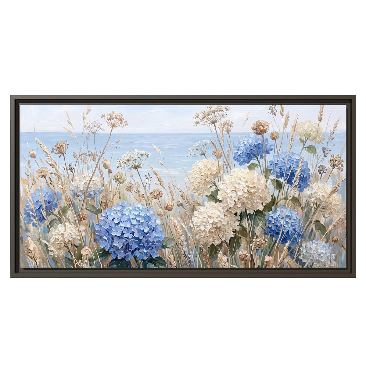 Blue hydrangeas and delicate ivory wildflowers beneath a pale blue sky single framed canvas wall art viewed straight on