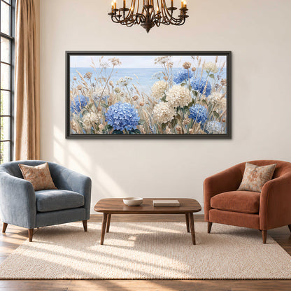 Blue hydrangeas and delicate ivory wildflowers beneath a pale blue sky single framed canvas wall art styled in an interior