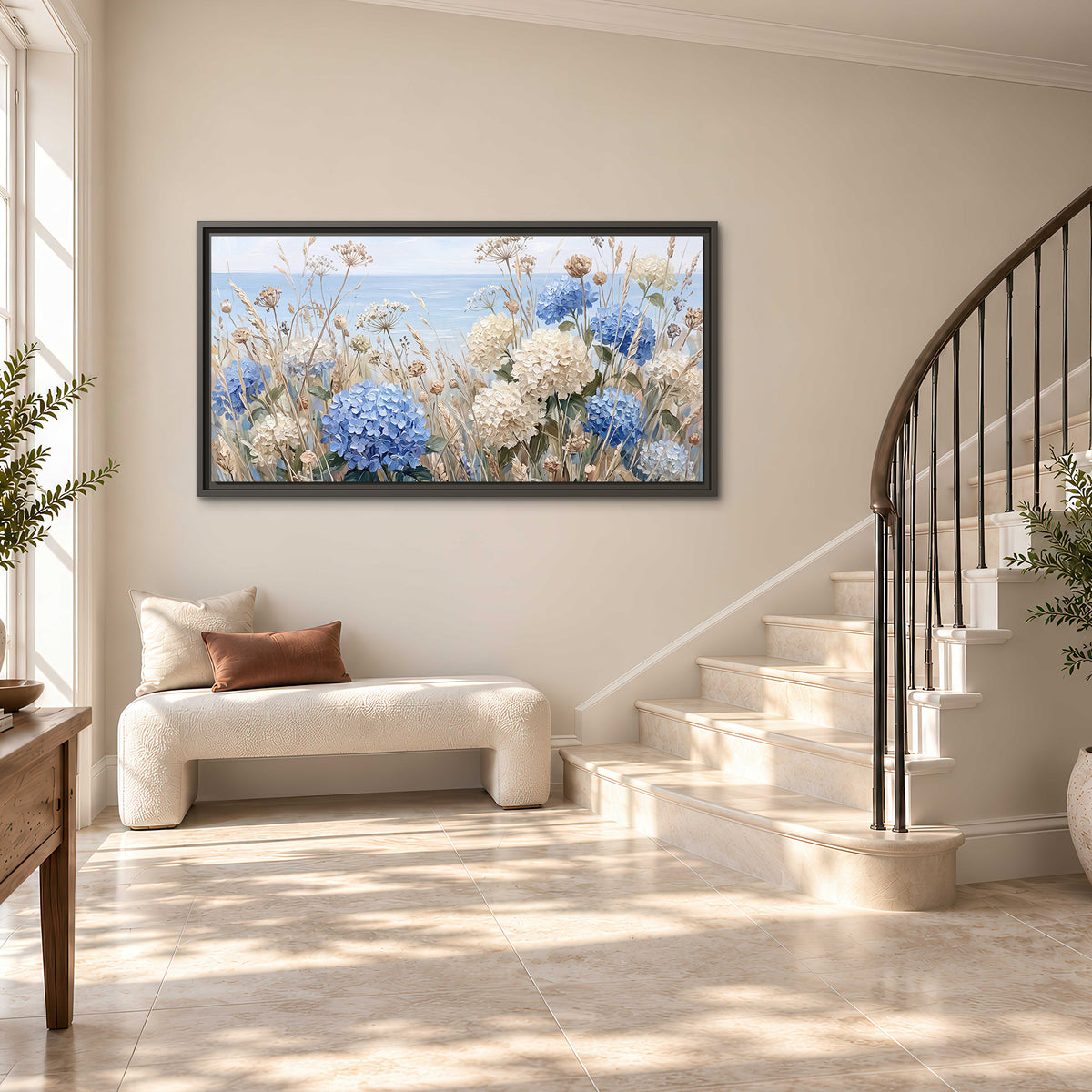Blue hydrangeas and delicate ivory wildflowers beneath a pale blue sky single framed canvas wall art styled in an interior