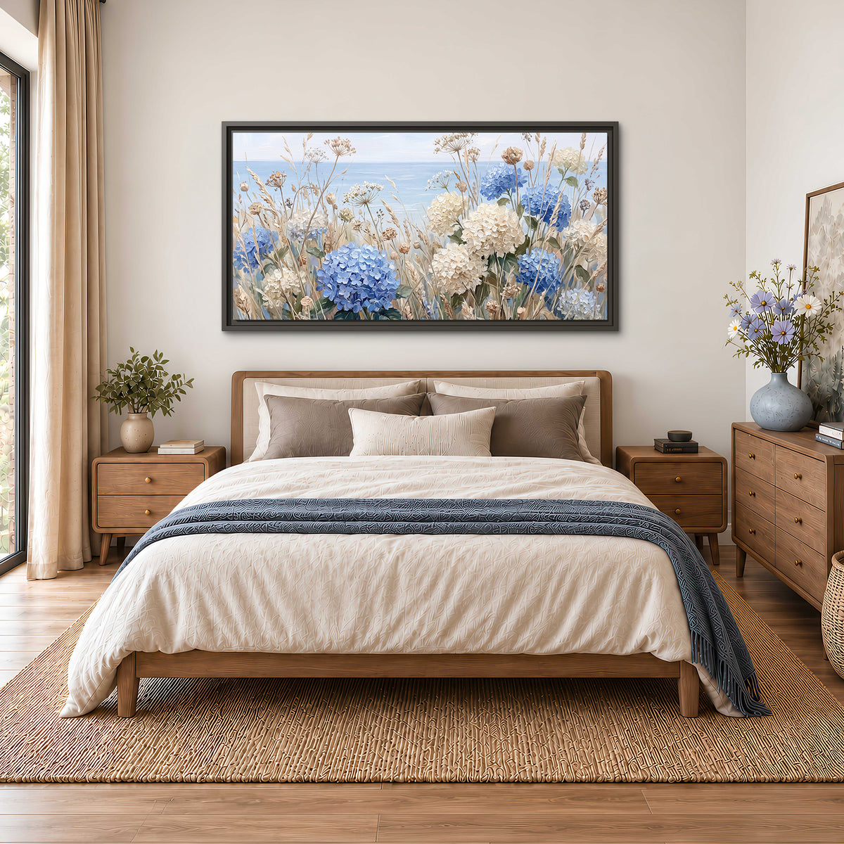 Blue hydrangeas and delicate ivory wildflowers beneath a pale blue sky single framed canvas wall art styled in an interior