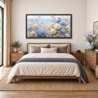 Blue hydrangeas and delicate ivory wildflowers beneath a pale blue sky single framed canvas wall art styled in an interior