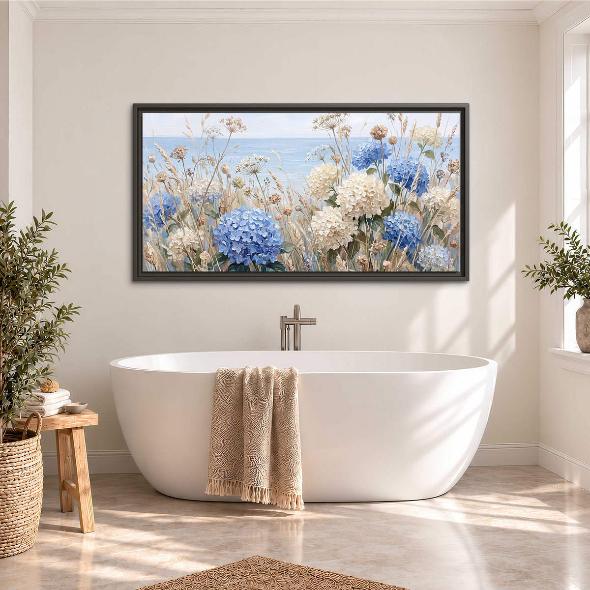 Blue hydrangeas and delicate ivory wildflowers beneath a pale blue sky single framed canvas wall art styled in an interior