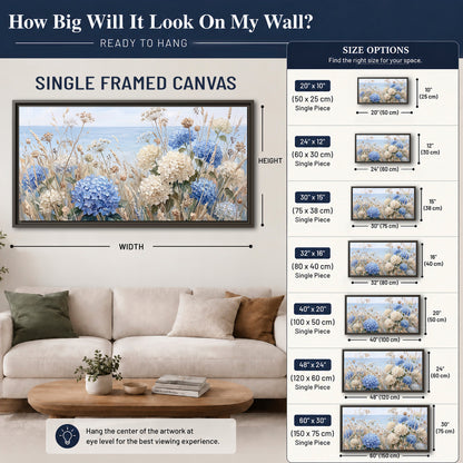 Blue hydrangeas and delicate ivory wildflowers beneath a pale blue sky single framed canvas wall art size guide above a sofa; room view is illustrative