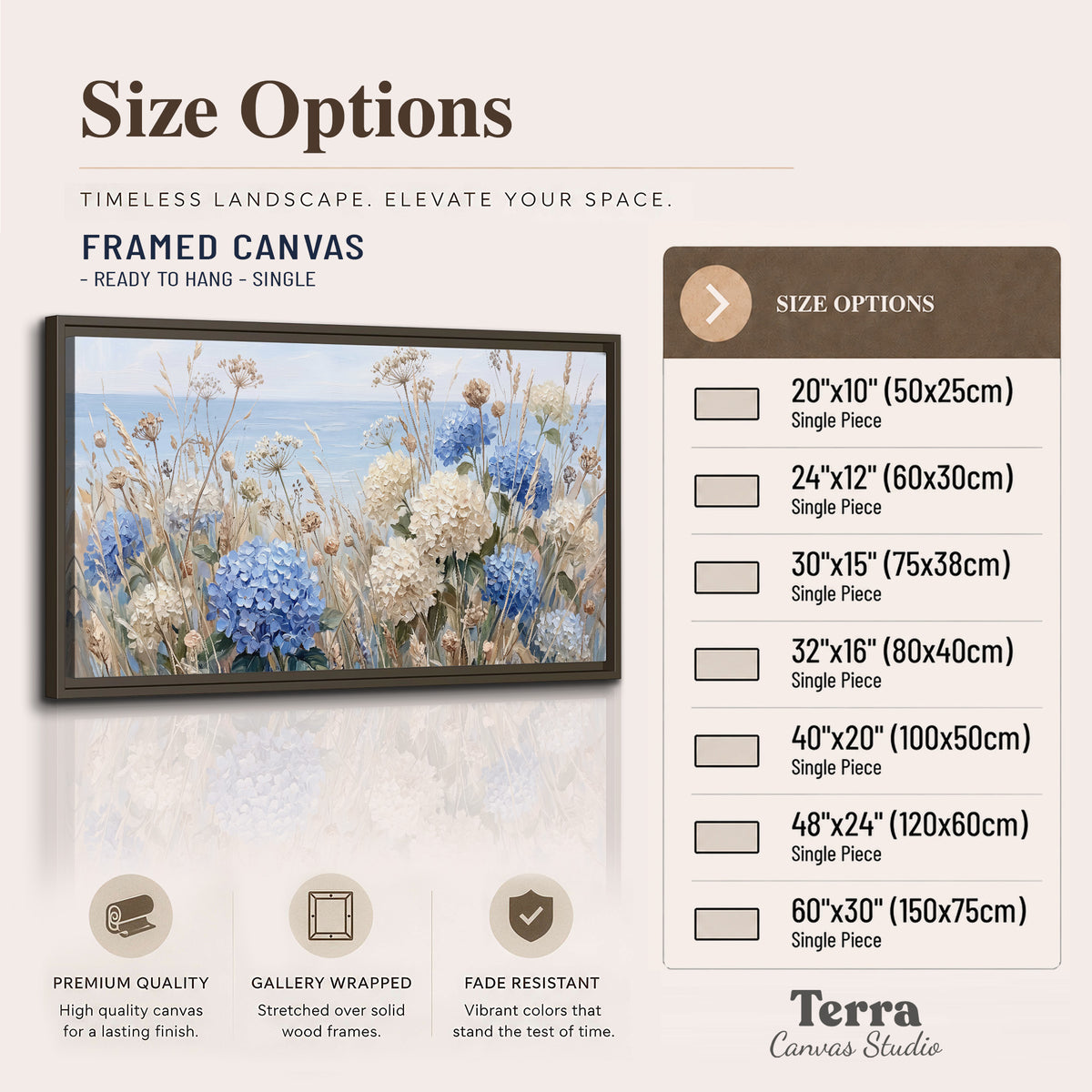 Blue hydrangeas and delicate ivory wildflowers beneath a pale blue sky single framed canvas wall art available dimensions