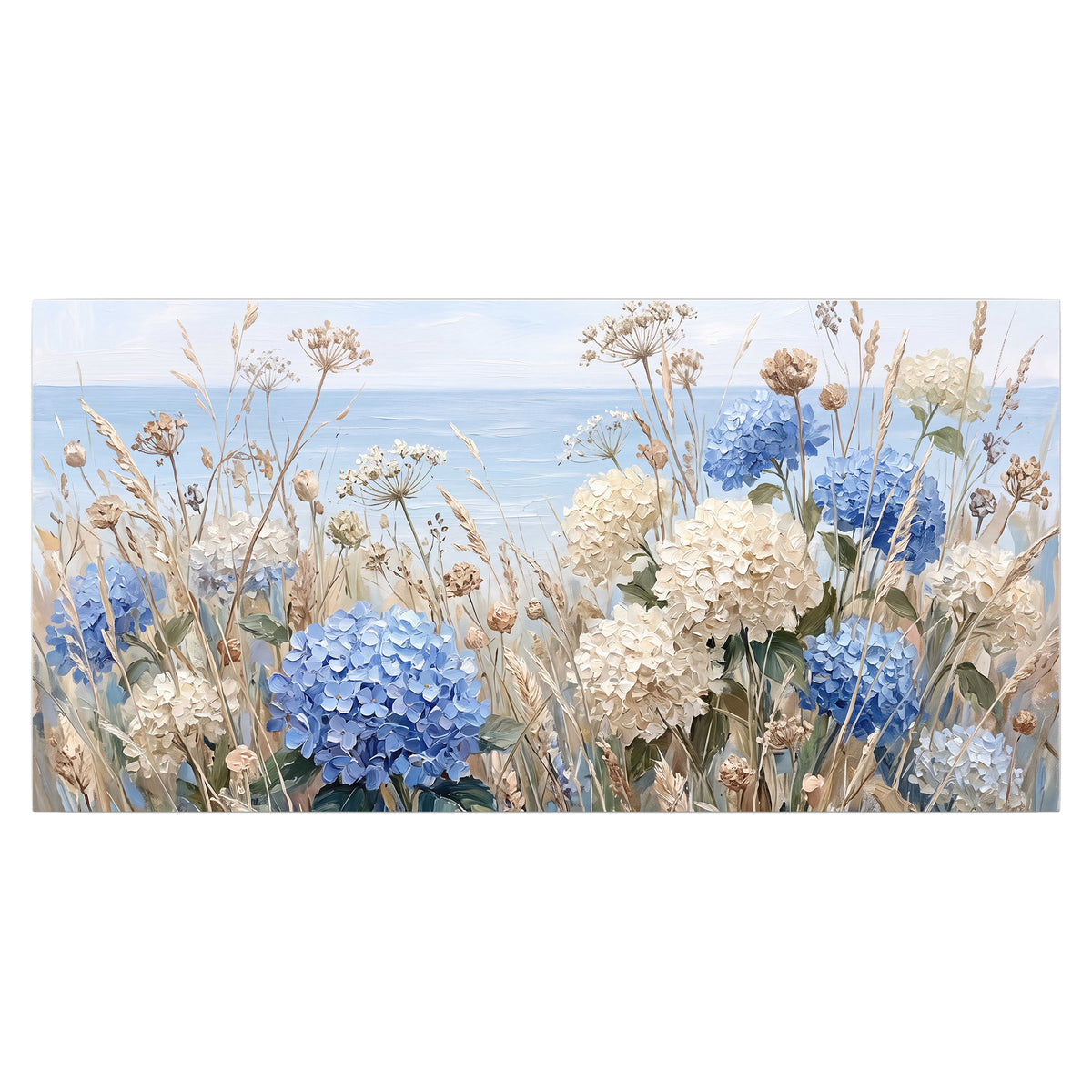 Blue hydrangeas and delicate ivory wildflowers beneath a pale blue sky single poster print viewed straight on