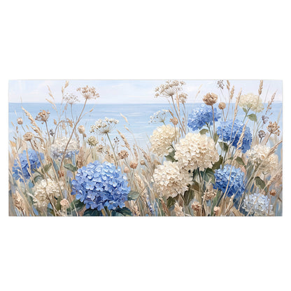 Blue hydrangeas and delicate ivory wildflowers beneath a pale blue sky single poster print viewed straight on