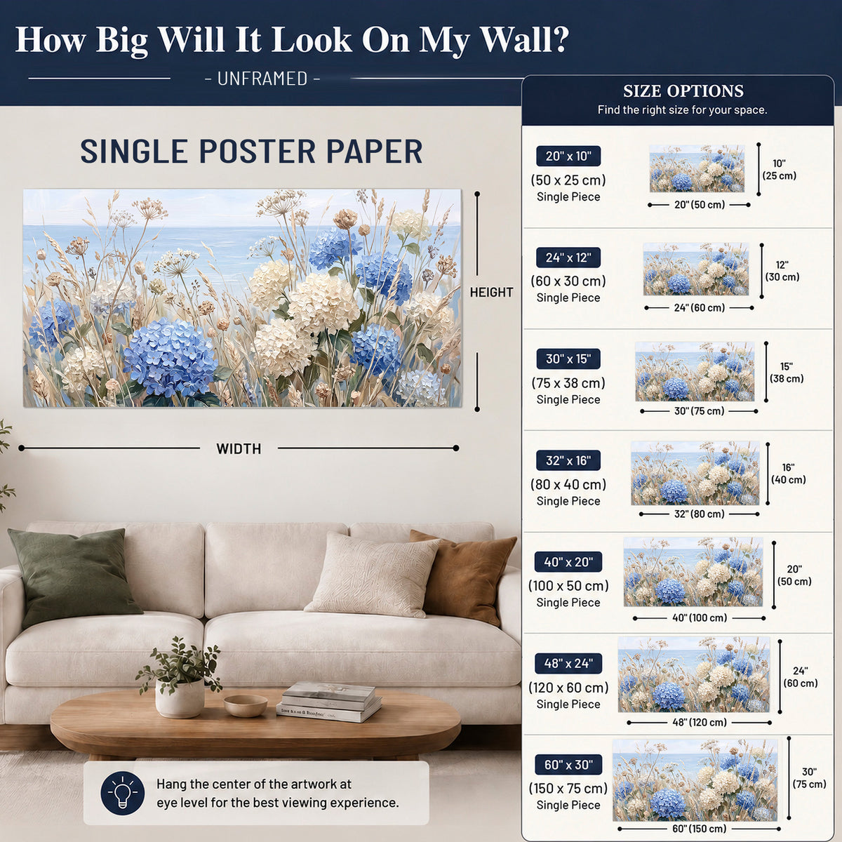 Blue hydrangeas and delicate ivory wildflowers beneath a pale blue sky single poster print size guide above a sofa; room view is illustrative