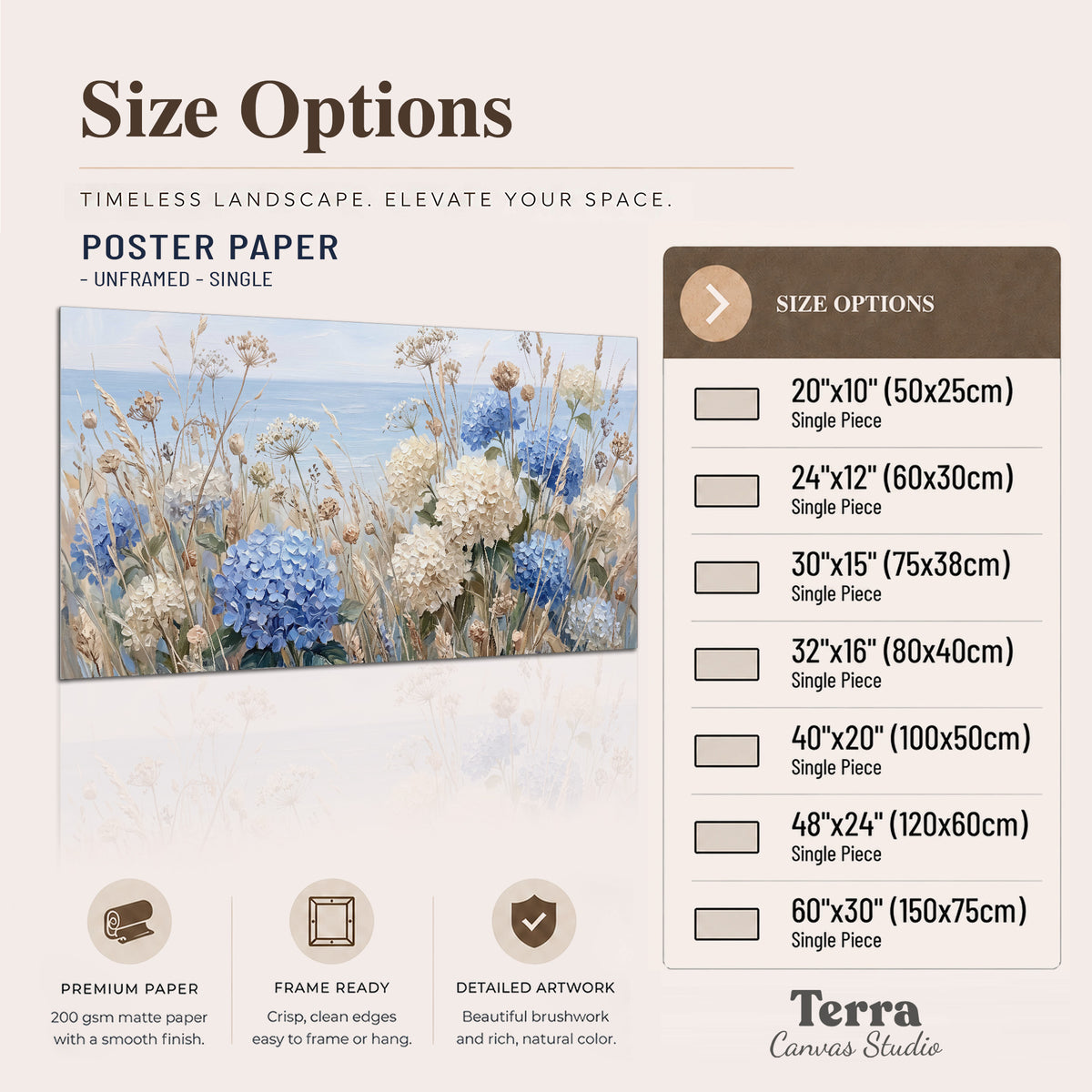 Blue hydrangeas and delicate ivory wildflowers beneath a pale blue sky single poster print available dimensions