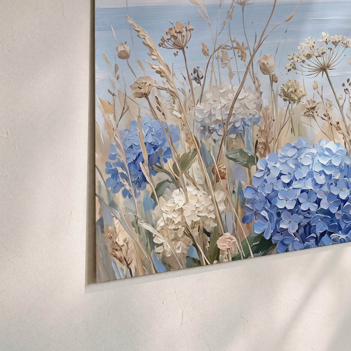 Blue hydrangeas and delicate ivory wildflowers beneath a pale blue sky set of 3 poster prints material and edge close up