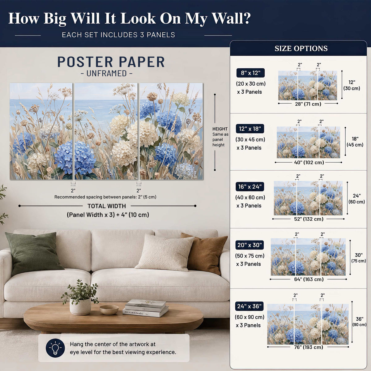 Blue hydrangeas and delicate ivory wildflowers beneath a pale blue sky set of 3 poster prints size guide above a sofa; room view is illustrative