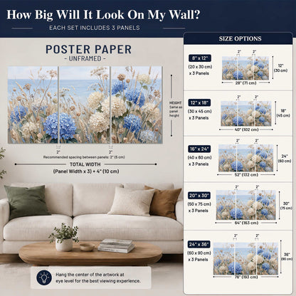 Blue hydrangeas and delicate ivory wildflowers beneath a pale blue sky set of 3 poster prints size guide above a sofa; room view is illustrative