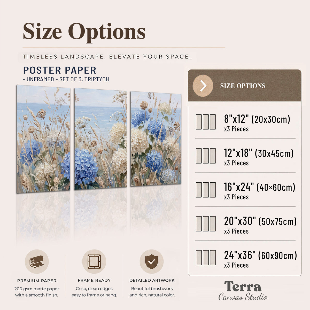 Blue hydrangeas and delicate ivory wildflowers beneath a pale blue sky set of 3 poster prints available dimensions; triptych dimensions are per panel