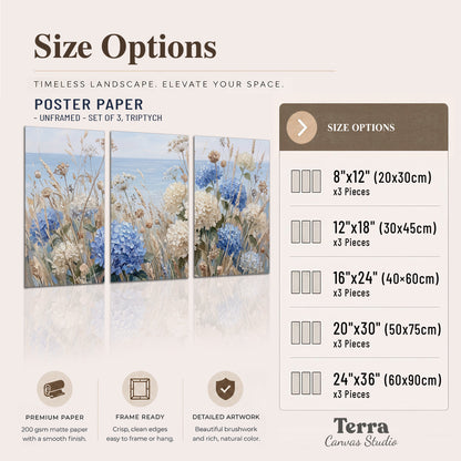 Blue hydrangeas and delicate ivory wildflowers beneath a pale blue sky set of 3 poster prints available dimensions; triptych dimensions are per panel