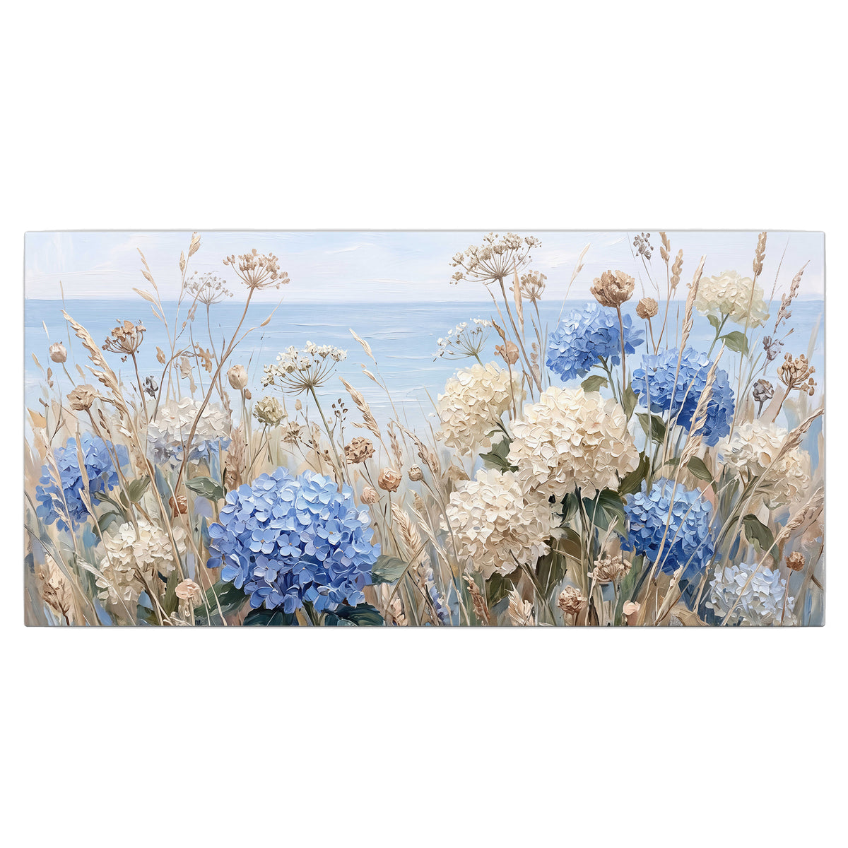 Blue hydrangeas and delicate ivory wildflowers beneath a pale blue sky single canvas wall art viewed straight on