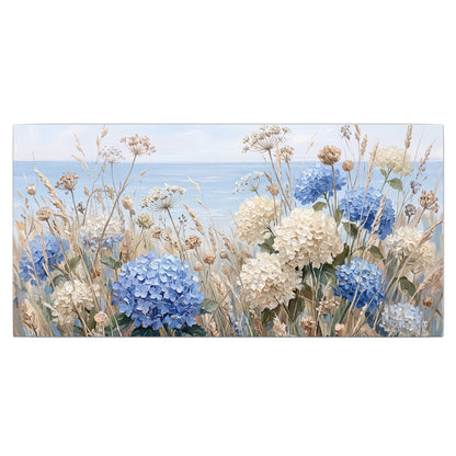Blue hydrangeas and delicate ivory wildflowers beneath a pale blue sky single canvas wall art viewed straight on