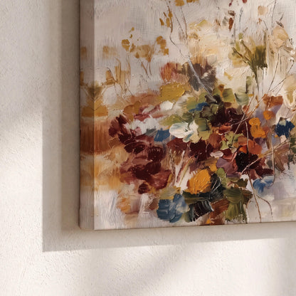 Loose cream, ochre and rust floral shapes with expressive painted-style marks 3 piece canvas wall art material and edge close up