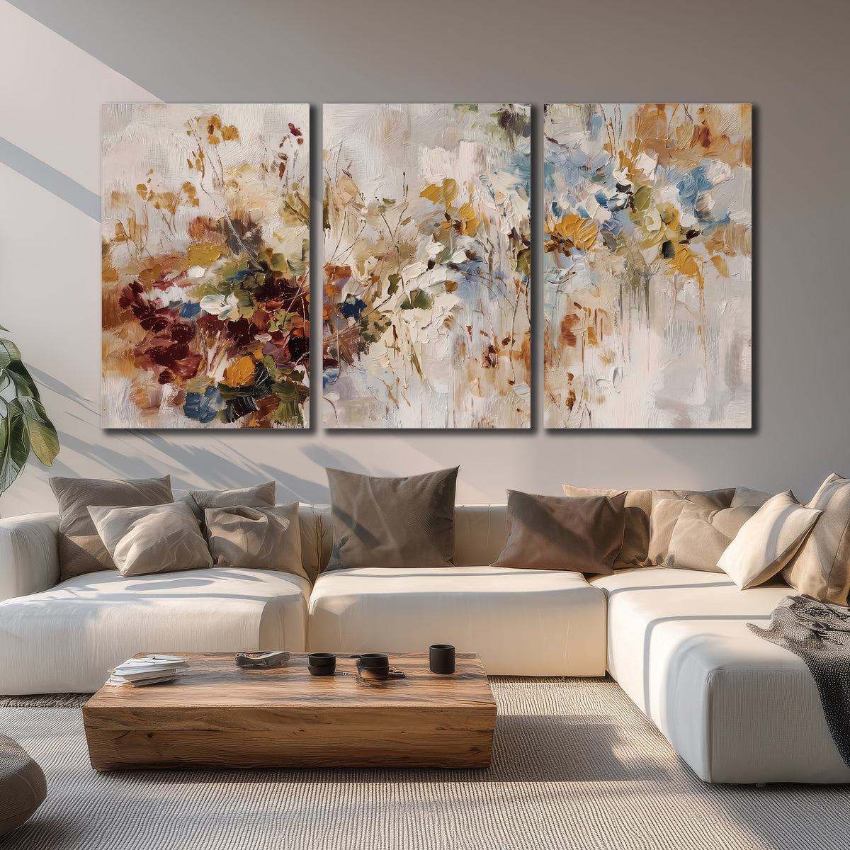 Loose cream, ochre and rust floral shapes with expressive painted-style marks 3 piece canvas wall art displayed in a living room