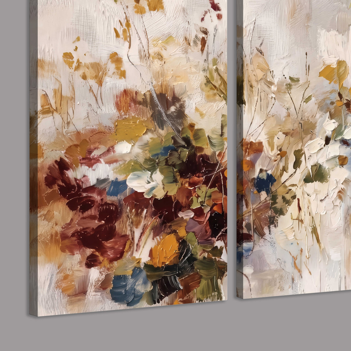 Loose cream, ochre and rust floral shapes with expressive painted-style marks 3 piece canvas wall art room and product view