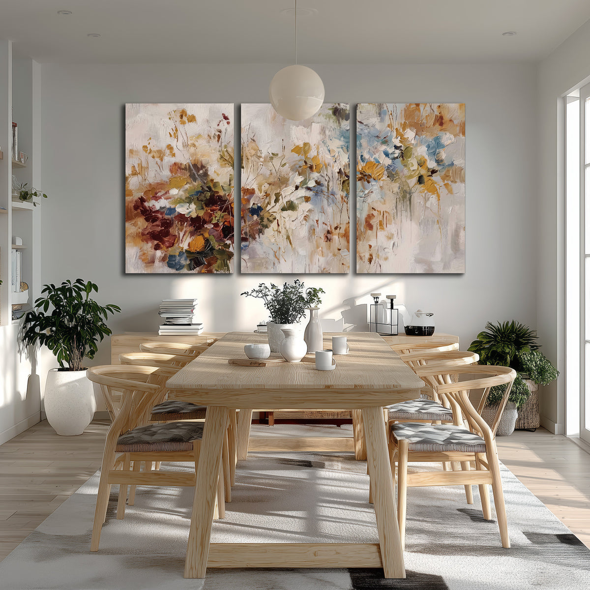 Loose cream, ochre and rust floral shapes with expressive painted-style marks 3 piece canvas wall art room and product view