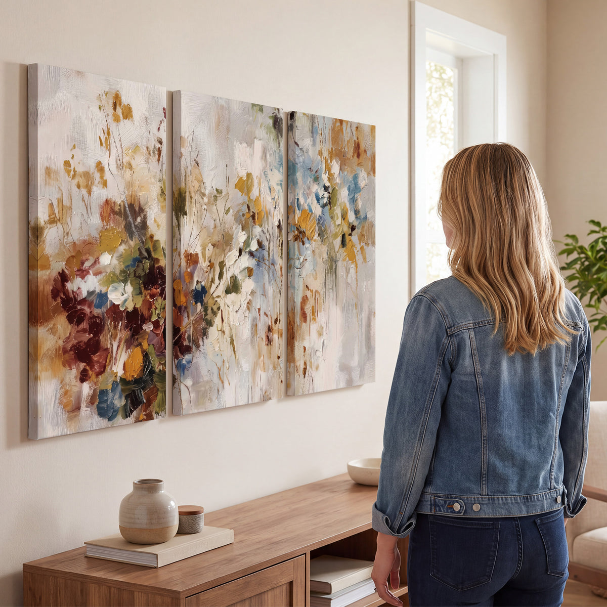 Loose cream, ochre and rust floral shapes with expressive painted-style marks 3 piece canvas wall art three panel arrangement on a wall
