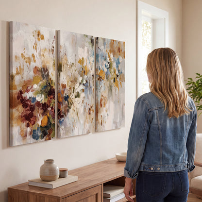 Loose cream, ochre and rust floral shapes with expressive painted-style marks 3 piece canvas wall art three panel arrangement on a wall