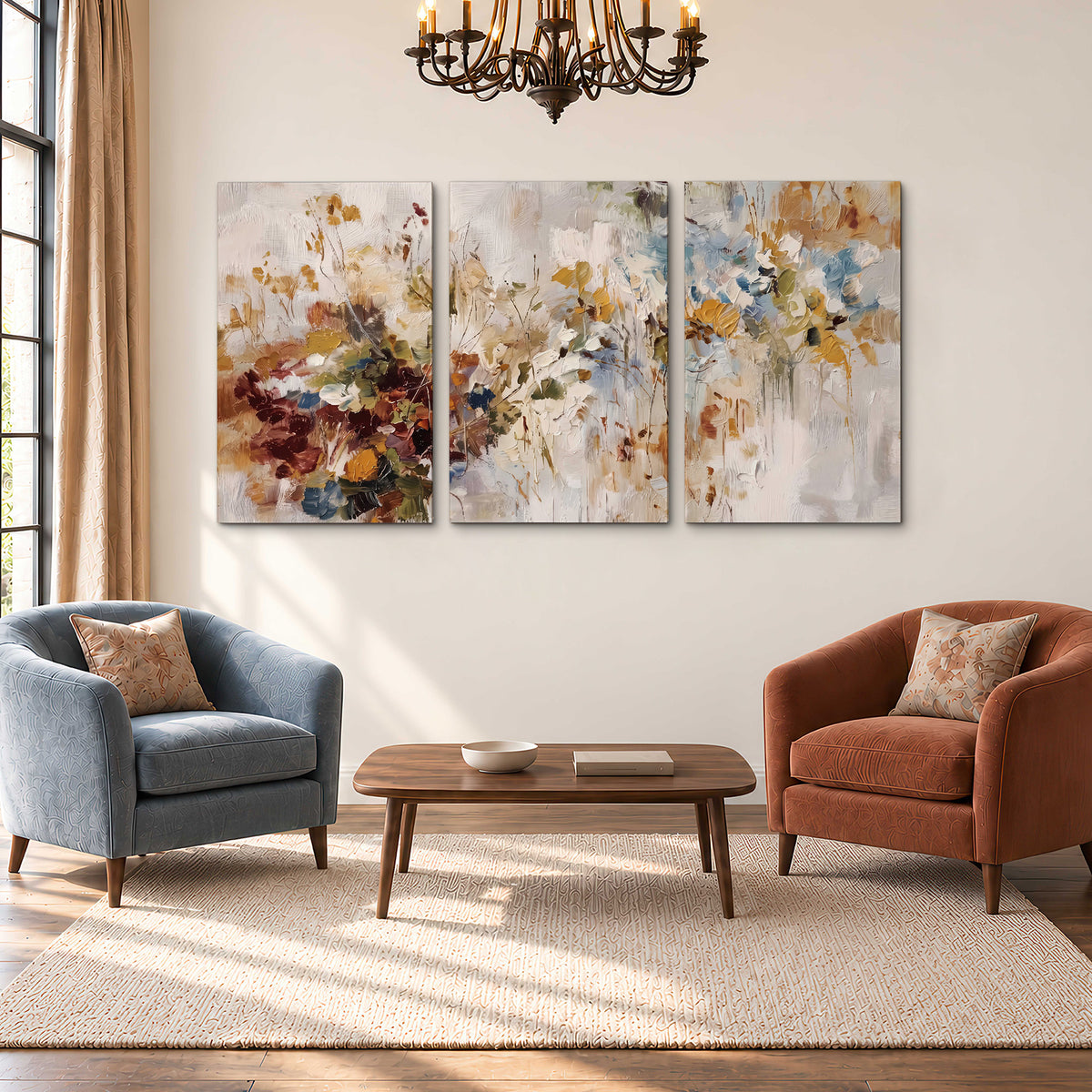 Loose cream, ochre and rust floral shapes with expressive painted-style marks 3 piece canvas wall art styled in an interior