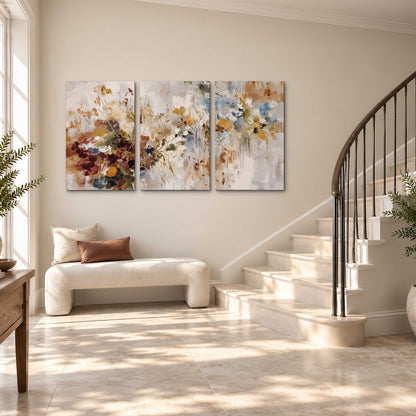 Loose cream, ochre and rust floral shapes with expressive painted-style marks 3 piece canvas wall art styled in an interior