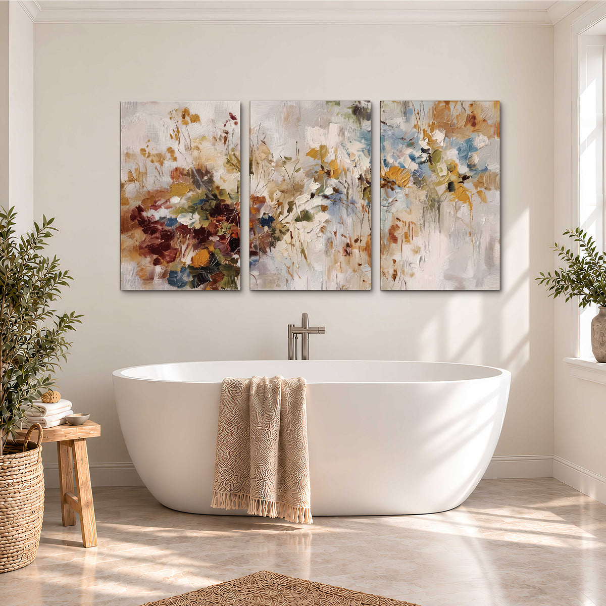 Loose cream, ochre and rust floral shapes with expressive painted-style marks 3 piece canvas wall art styled in an interior