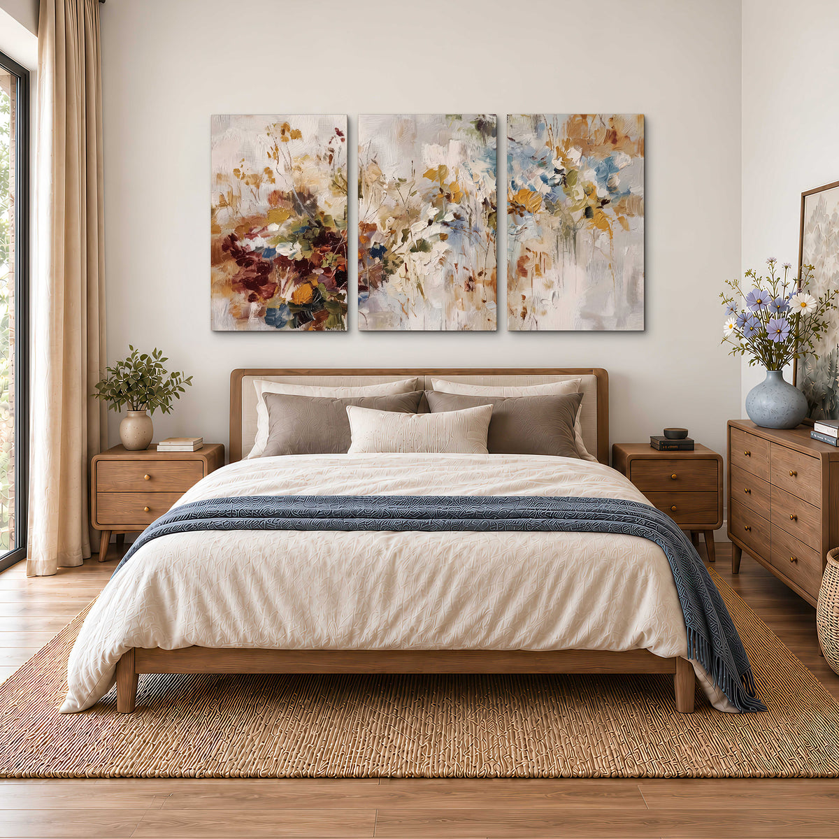 Loose cream, ochre and rust floral shapes with expressive painted-style marks 3 piece canvas wall art styled in an interior