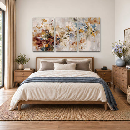 Loose cream, ochre and rust floral shapes with expressive painted-style marks 3 piece canvas wall art styled in an interior