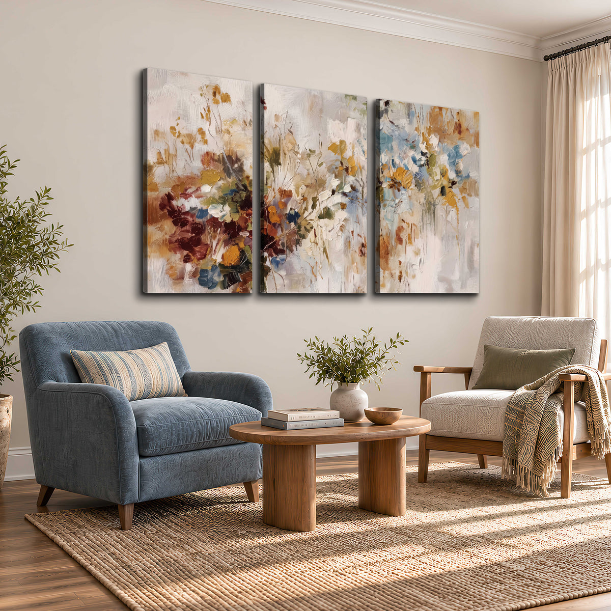 Loose cream, ochre and rust floral shapes with expressive painted-style marks 3 piece canvas wall art styled in an interior