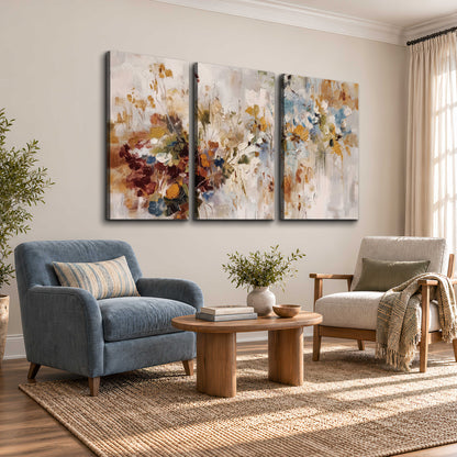 Loose cream, ochre and rust floral shapes with expressive painted-style marks 3 piece canvas wall art styled in an interior