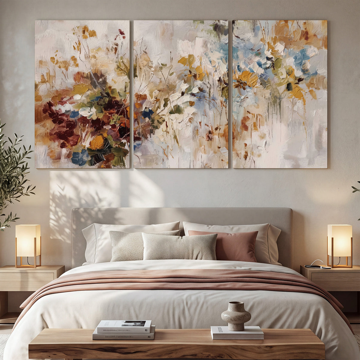 Loose cream, ochre and rust floral shapes with expressive painted-style marks 3 piece canvas wall art displayed in a bedroom